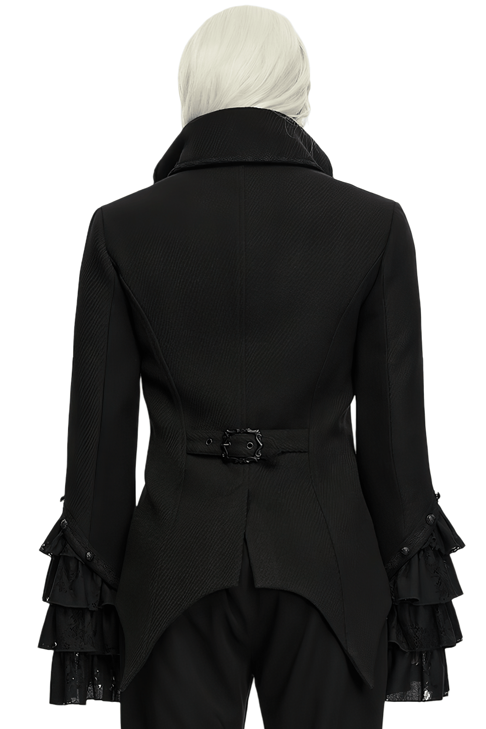 Gothic Medieval Tailcoat Jacket with Lace Ruffle Cuffs, black Victorian tailcoat with ornate back buckle and lace cuffs
