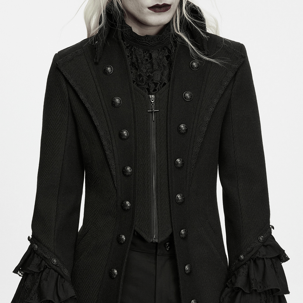 Gothic Medieval Tailcoat Jacket with Lace Ruffle Cuffs, black Victorian coat with ornate buttons and dramatic lace details