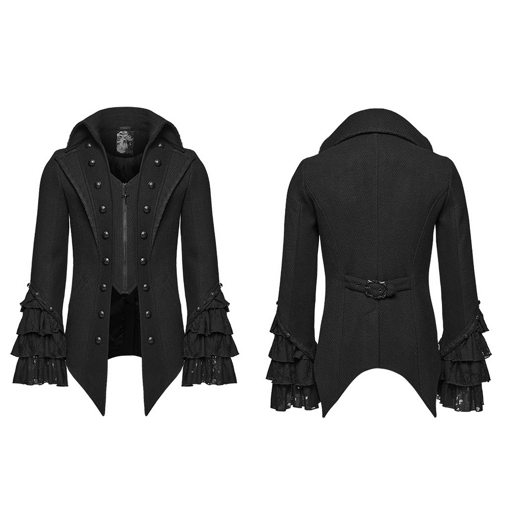 Gothic Medieval Tailcoat Jacket with Lace Ruffle Cuffs, black twill coat with ornate buttons and dramatic Victorian hood