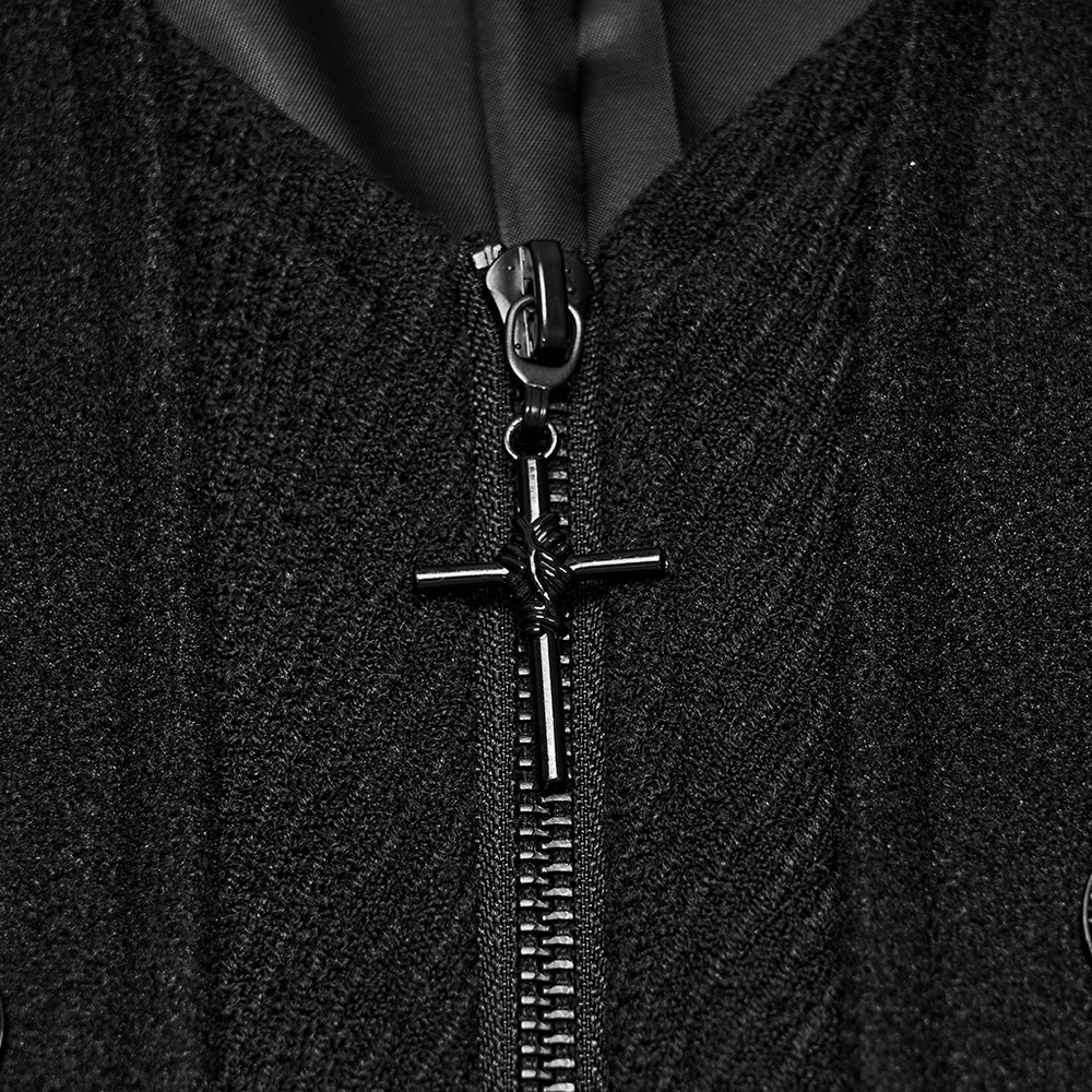 Gothic Medieval Tailcoat Jacket with Lace Ruffle Cuffs black twill coat with ornate cross zipper and Victorian style