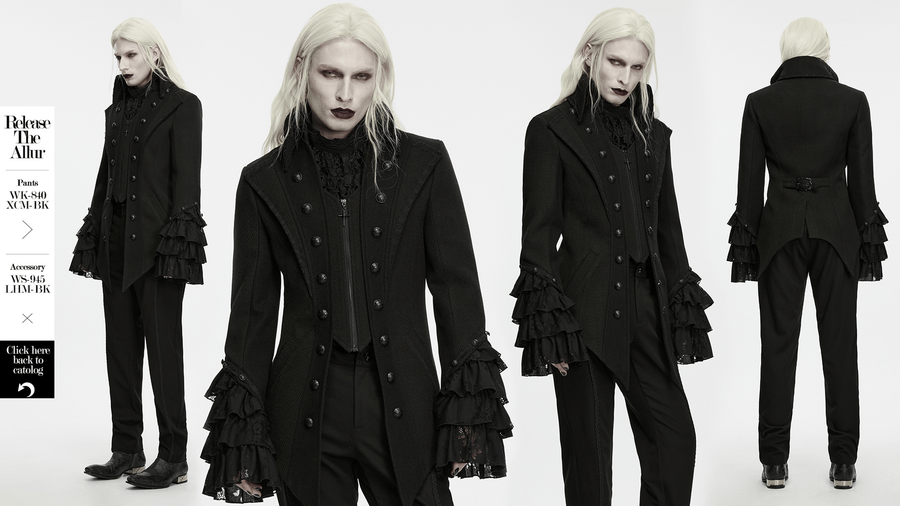 Gothic Medieval Tailcoat Jacket with Lace Ruffle Cuffs, black Victorian coat with ornate buttons and dramatic sleeves
