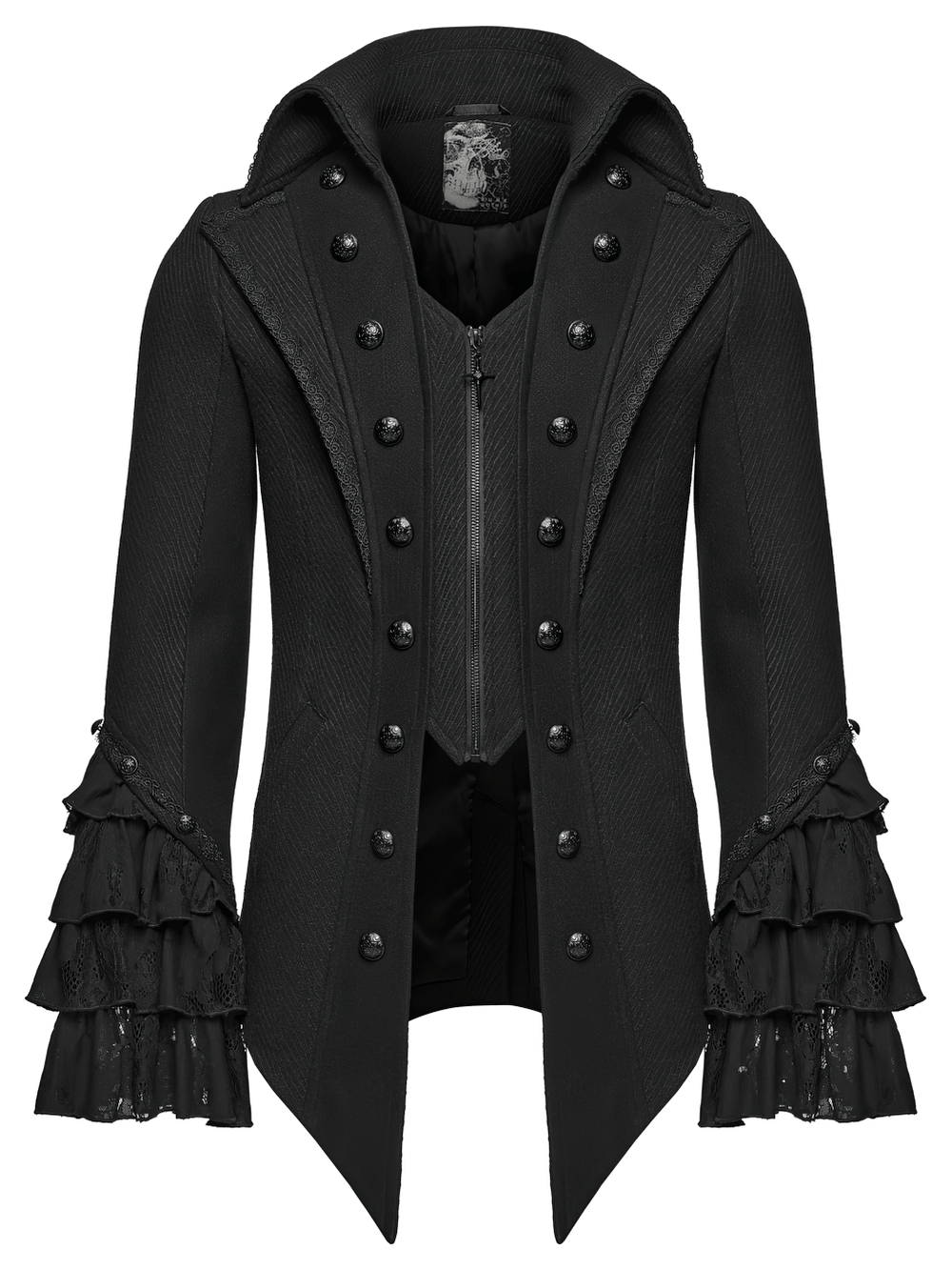 Gothic Medieval Tailcoat Jacket with Lace Ruffle Cuffs, black Victorian twill coat with ornate buttons