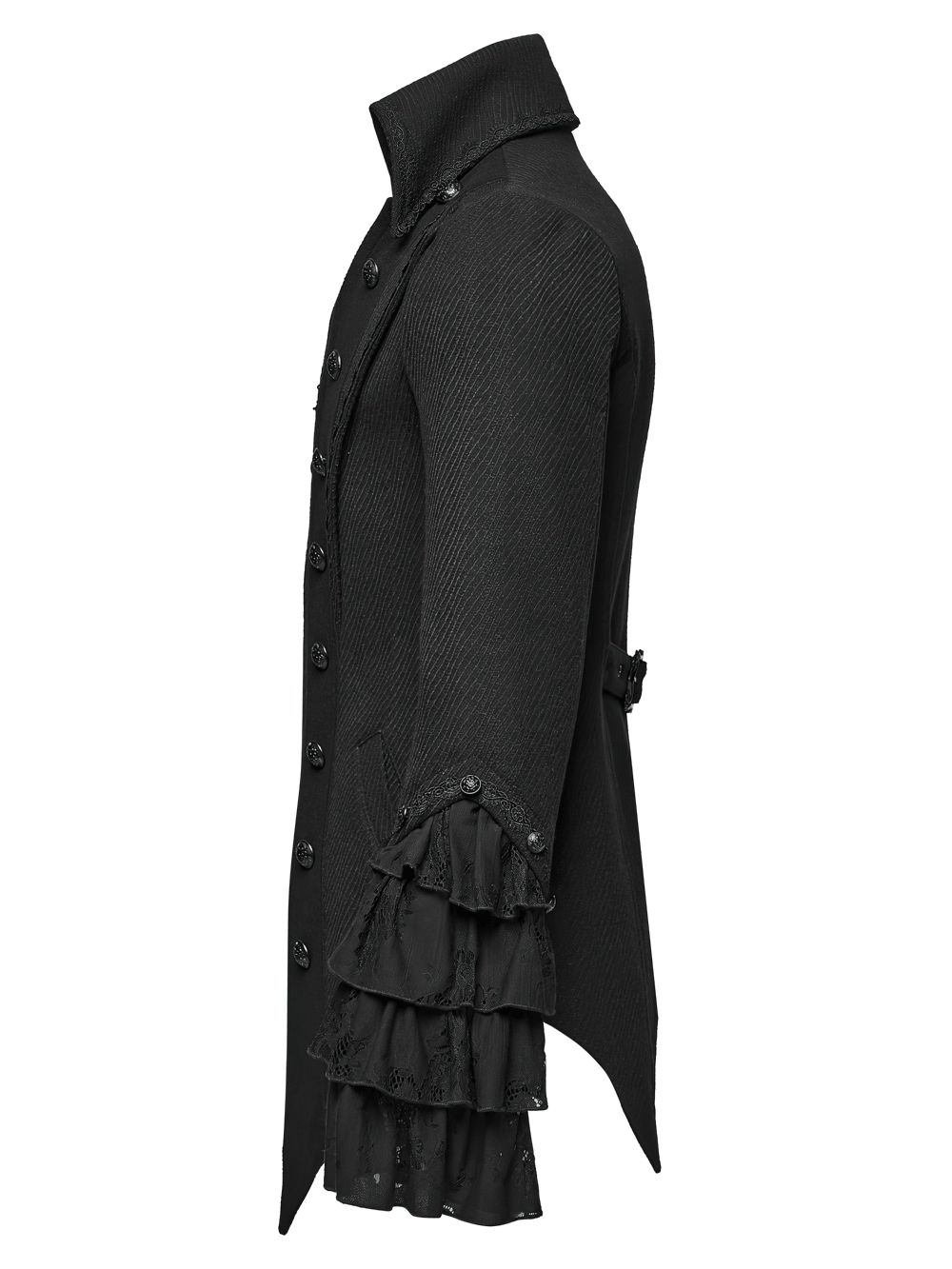 Gothic Medieval Tailcoat Jacket with Lace Ruffle Cuffs, Victorian black twill coat with ornate button front and lace details