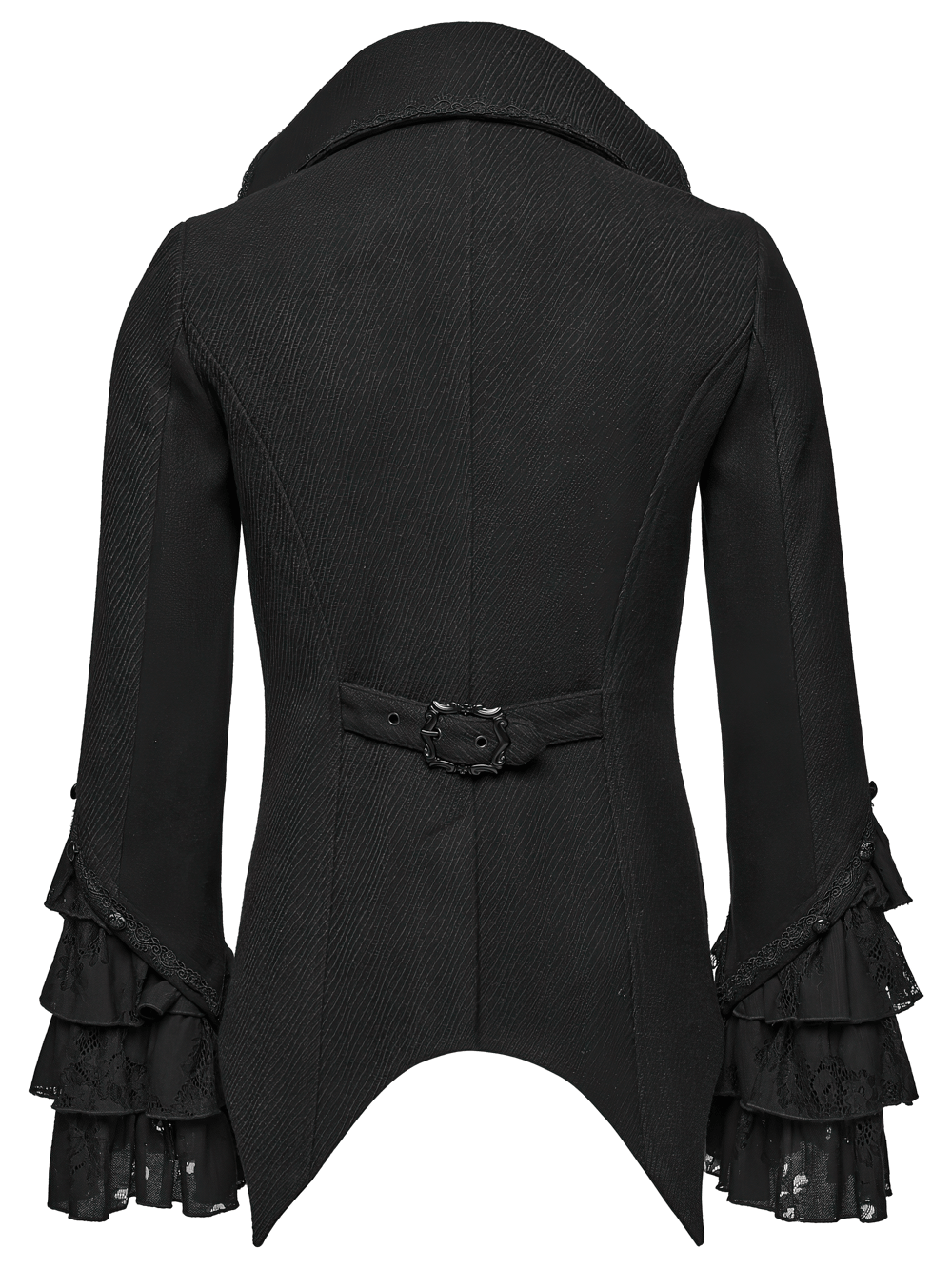 Gothic Medieval Tailcoat Jacket with Lace Ruffle Cuffs, black Victorian twill coat with ornate buttons and dramatic tails