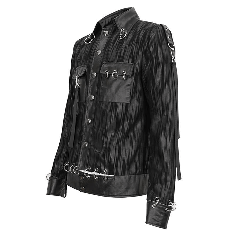 Gothic men's short jacket with metal eyelets and rings, stylish black striped design with practical pockets.