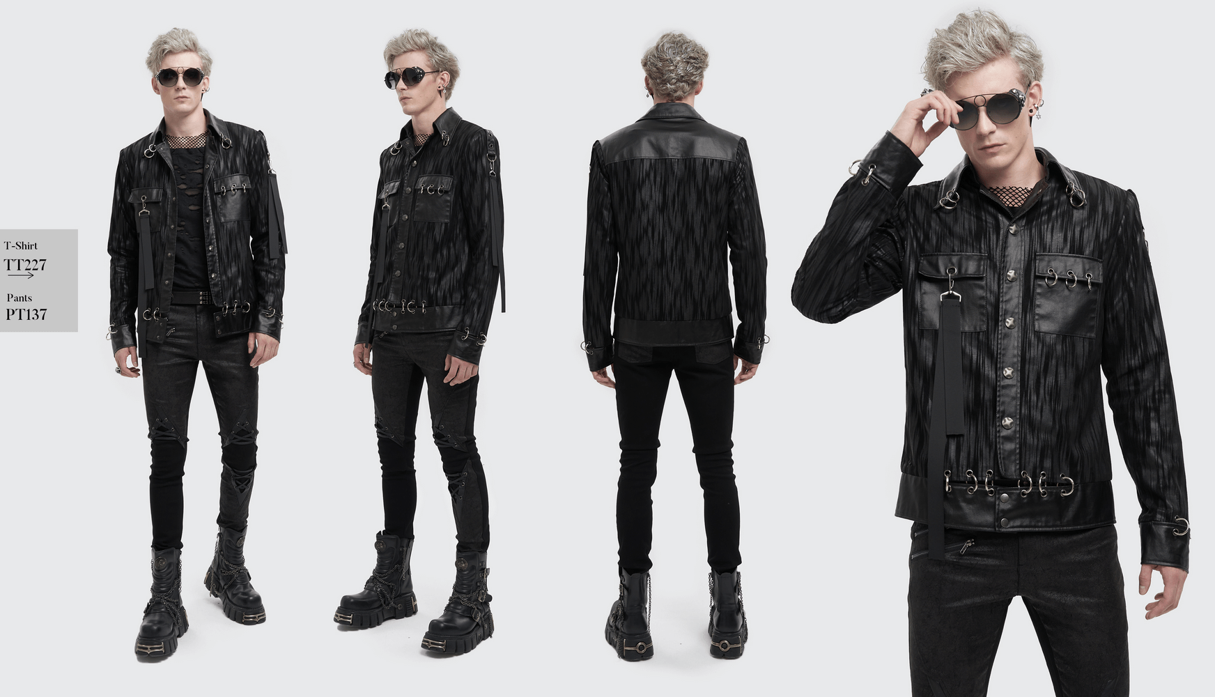 Gothic men's short jacket with metal eyelets and rings, black striped design, stylish and edgy look.
