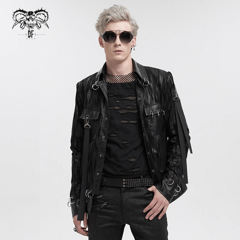 Gothic Men's Short Jacket with Metal Eyelets And Rings / Stylish Black Striped Jackets with Pockets