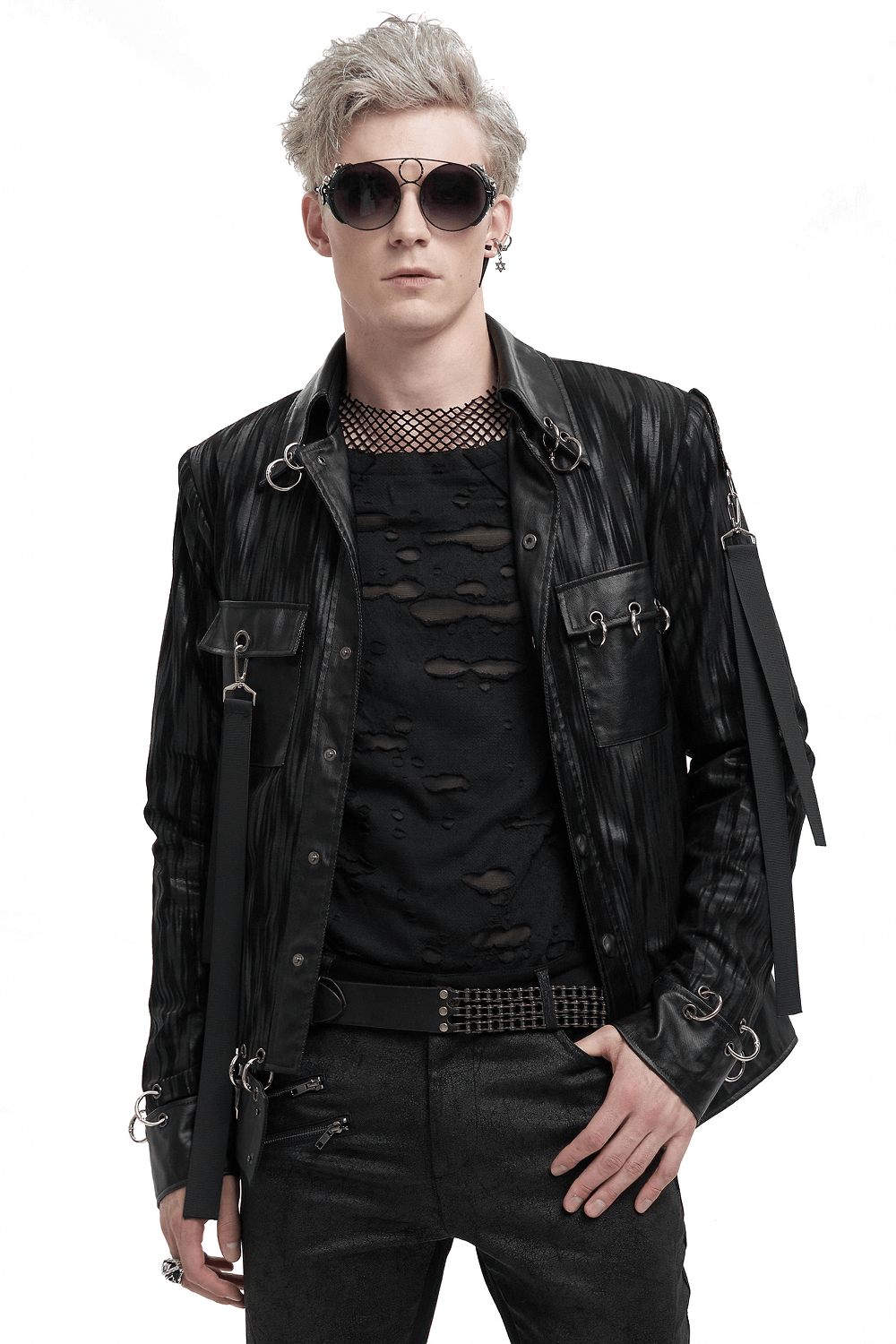 Gothic men's short jacket with metal eyelets, stylish black striped design, and pockets for a unique edgy look.
