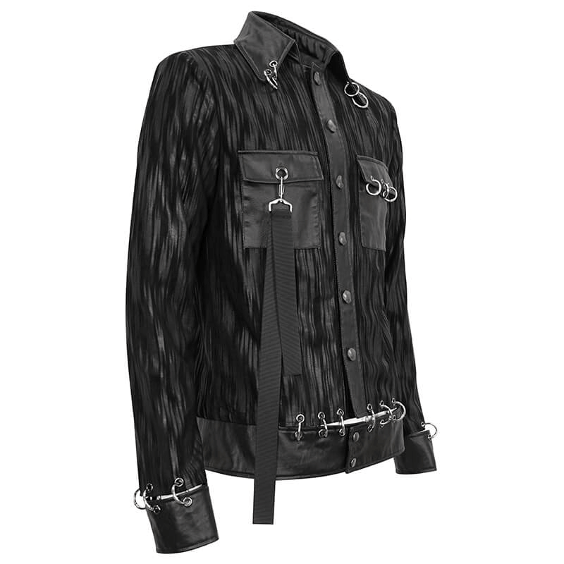 Gothic men's short jacket with metal eyelets and rings, featuring a stylish black-striped design and practical pockets.