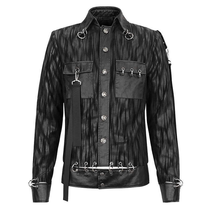 Gothic Men's Short Jacket with Metal Eyelets And Rings / Stylish Black Striped Jackets with Pockets