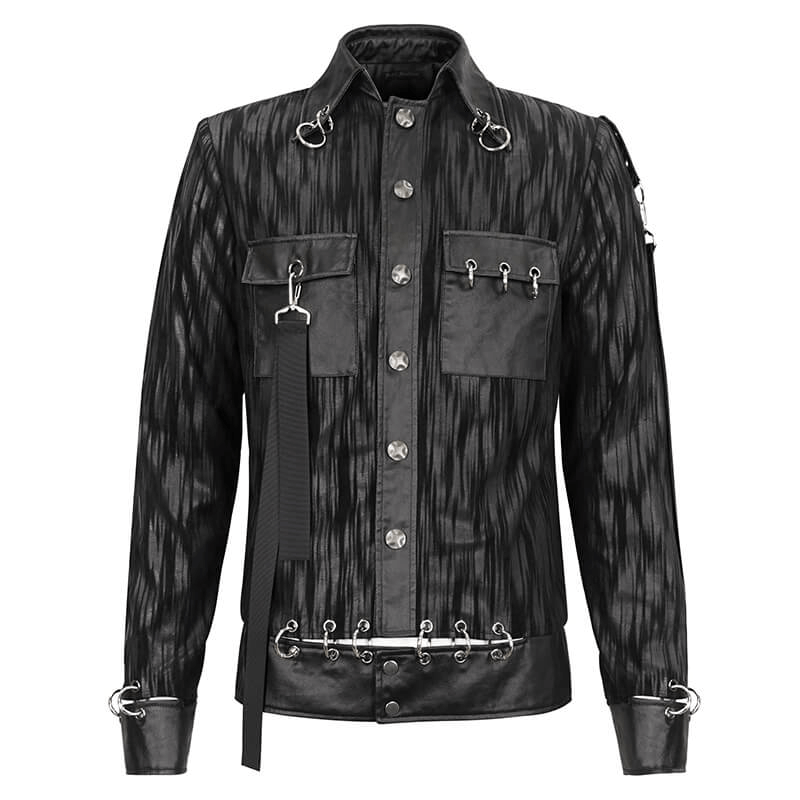 Gothic men's short jacket featuring metal eyelets, rings, and stylish black striped design with practical pockets.