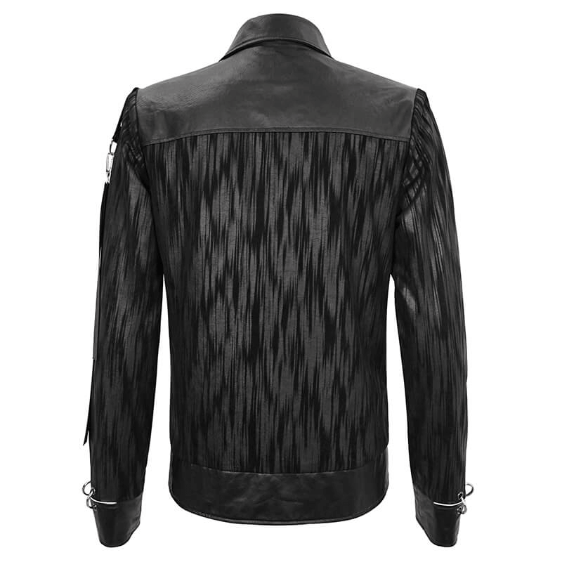 Back view of Gothic men's short jacket with metal eyelets and stylish black striped design.