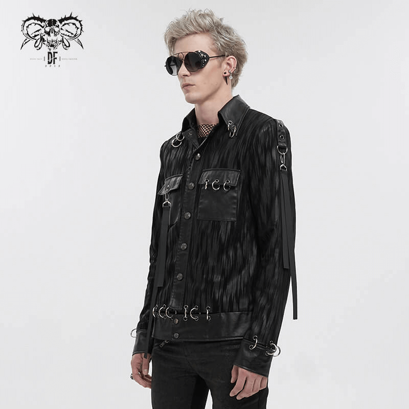 Gothic men's short jacket with metal eyelets and rings, stylish black striped design, edgy fashion statement.