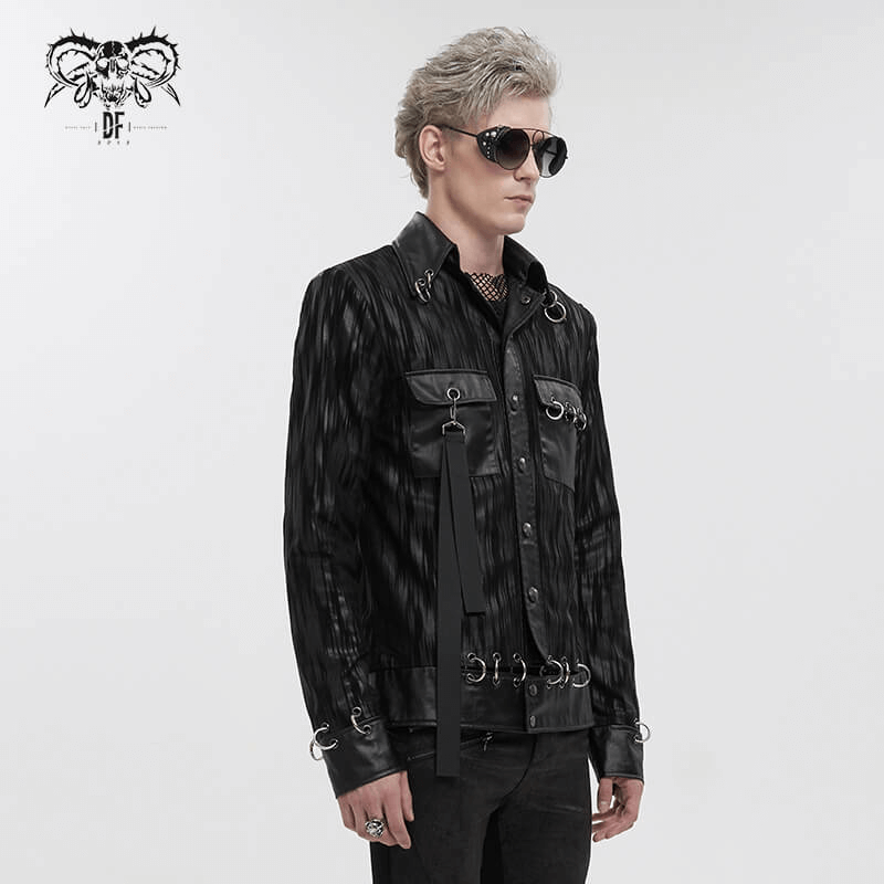Gothic men's short jacket with metal eyelets, rings, and black stripes, styled for a modern gothic look.