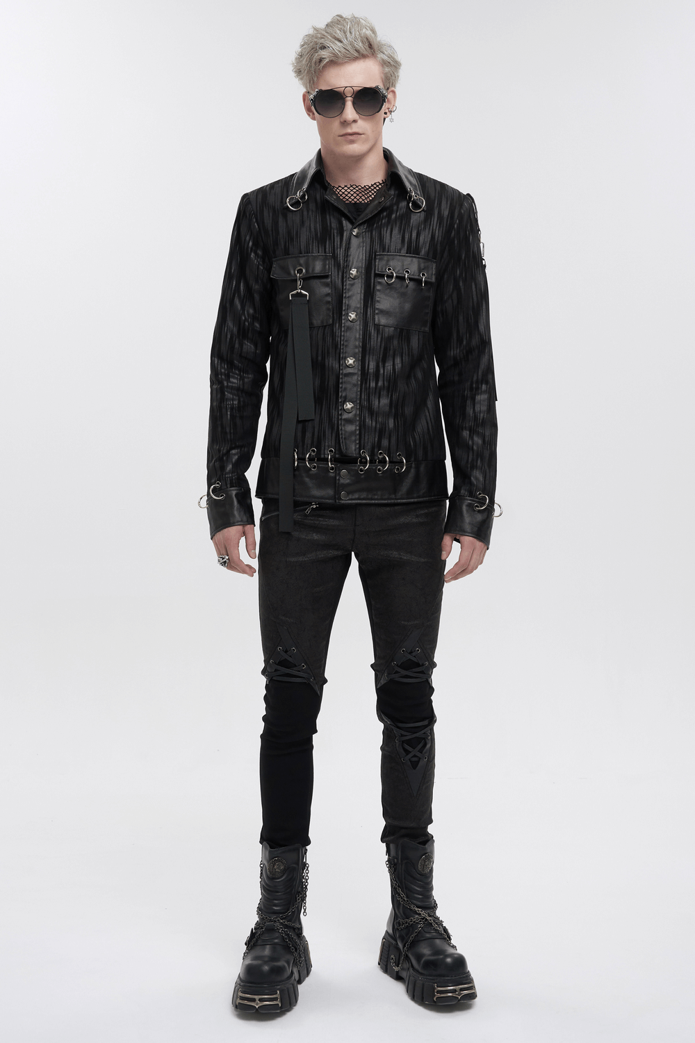 Gothic men's short jacket with metal eyelets and rings, stylish black striped design, perfect for modern gothic fashion.