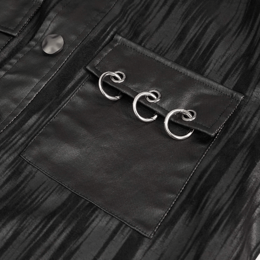 Close-up of gothic men's short jacket showing metal eyelets and striped fabric, perfect for edgy fashion enthusiasts.