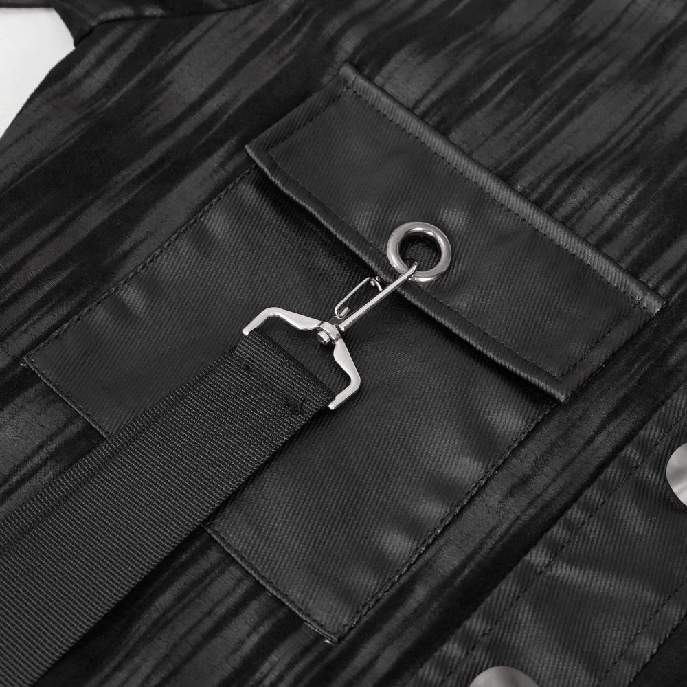 Close-up of the gothic men's short jacket showing metal eyelet, rings, and stylish black striped pockets.