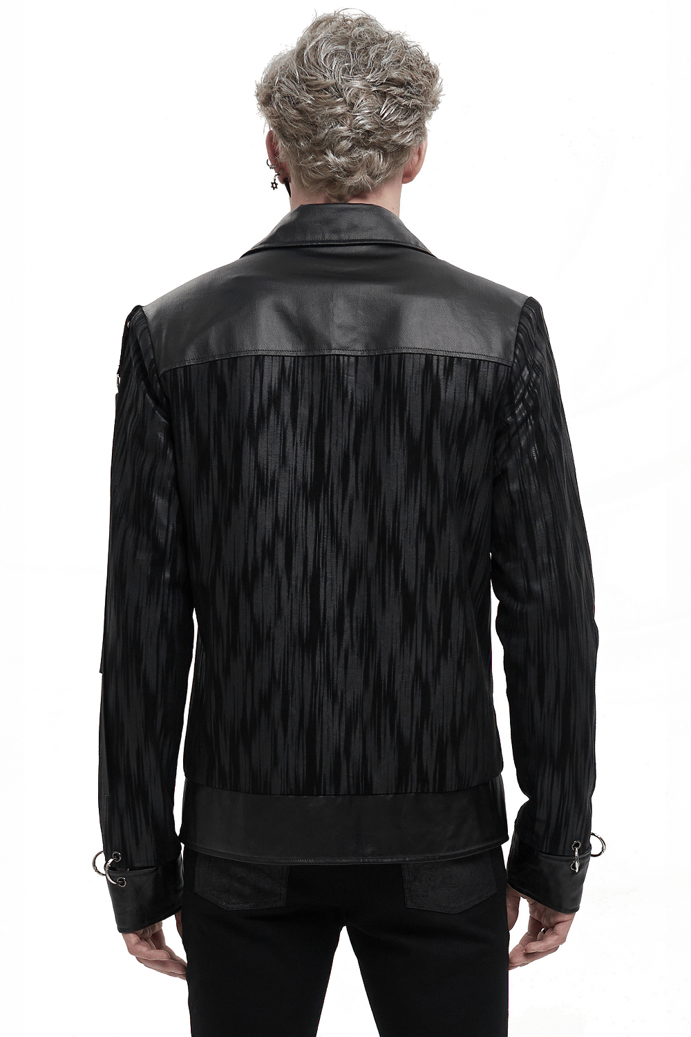Gothic men's short jacket showcasing black striped design and metal eyelets, perfect for stylish outerwear.