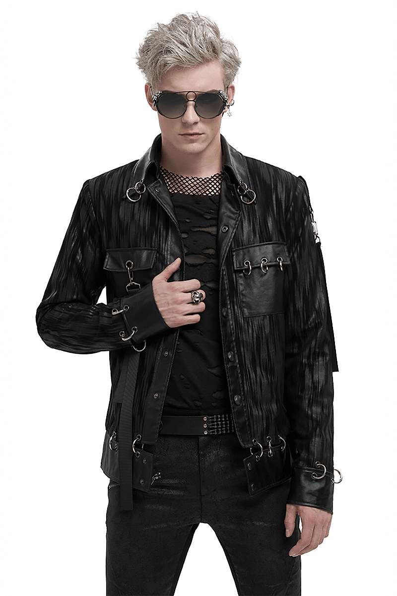 Gothic men's short jacket featuring metal eyelets and rings, stylish black stripes, perfect for a bold gothic look.