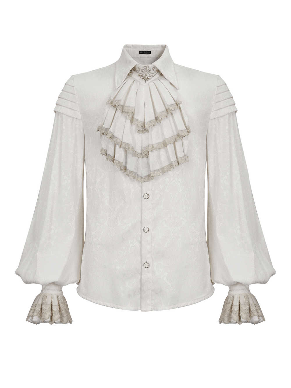 Elegant gothic men's white shirt with lace frill cuffs, vintage style, and metal buttons, perfect for a gothic wardrobe.