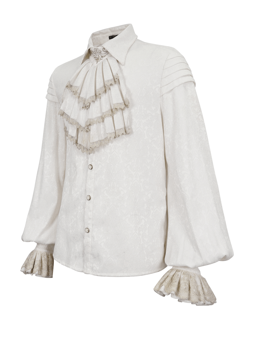 Gothic men's white shirt with lace frill cuffs, vintage pattern, and elegant tie detail.