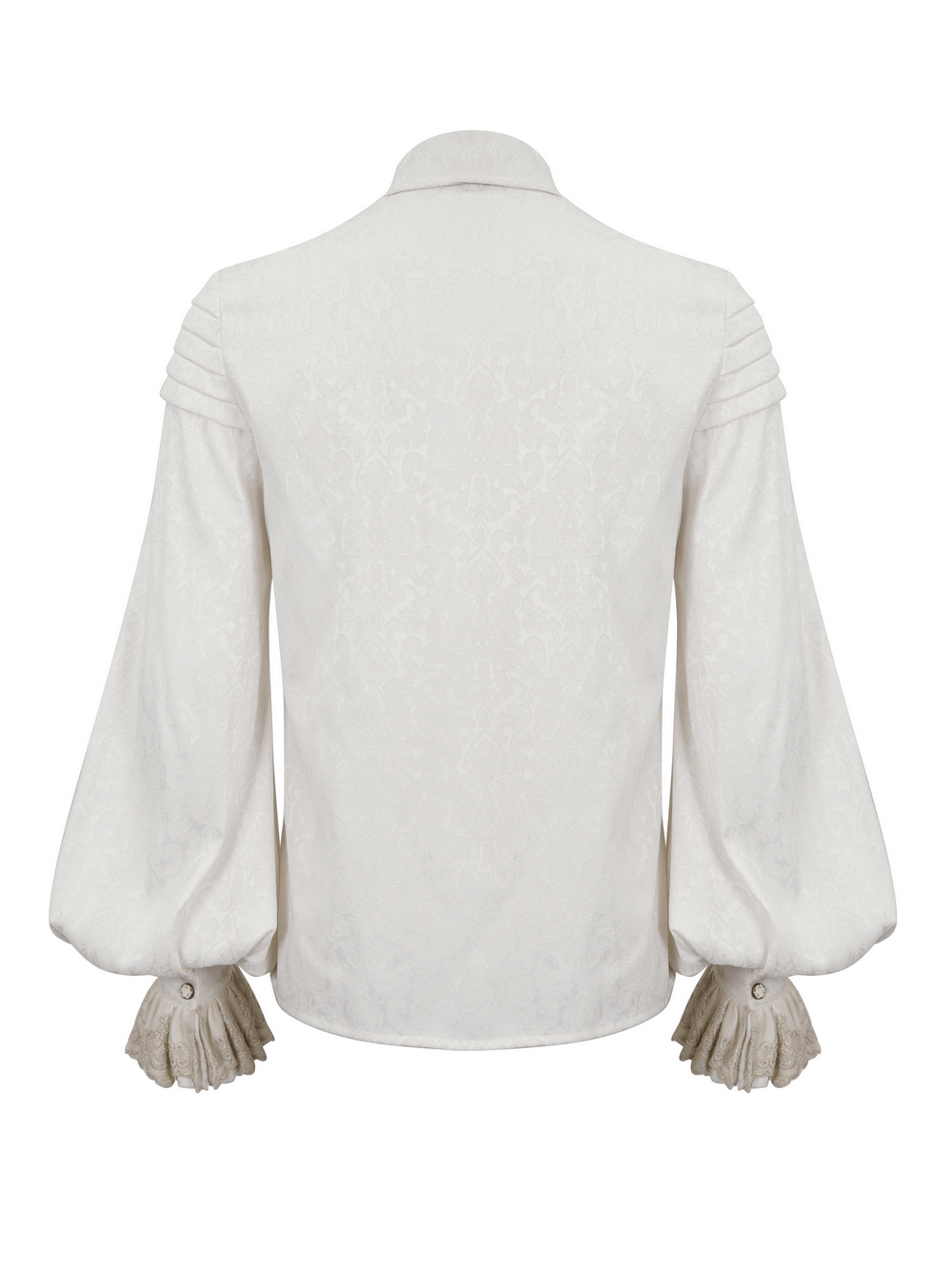 Back view of a Gothic-style men's white shirt featuring lace frills on cuffs and vintage pattern details.