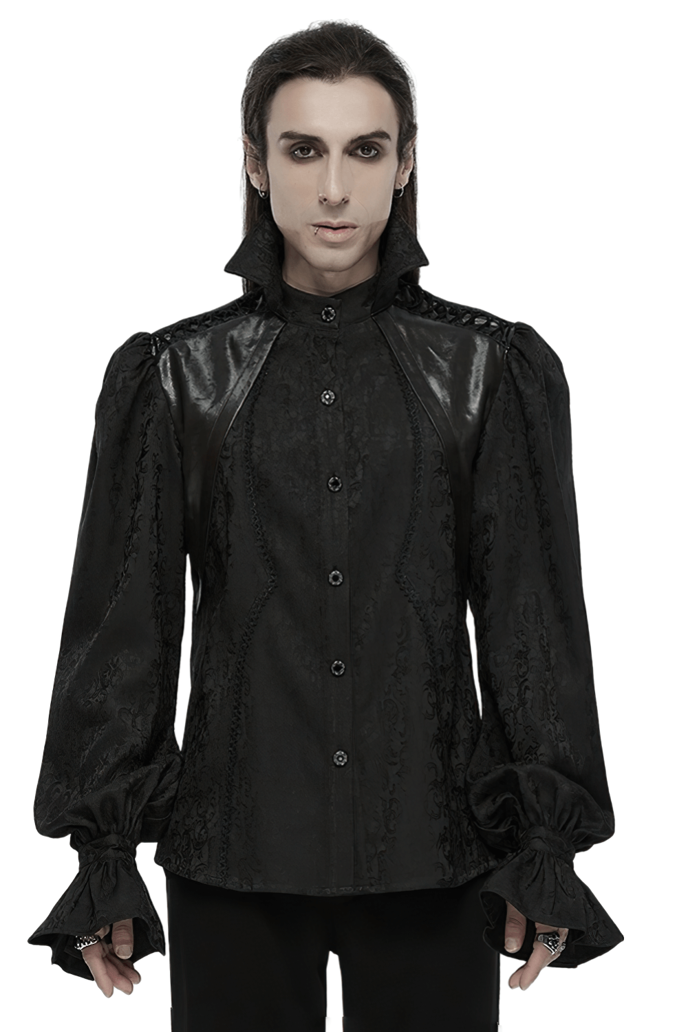 Stylish Gothic men's black shirt with stand collar, bubble sleeves, and lace trim, perfect for elegant occasions.