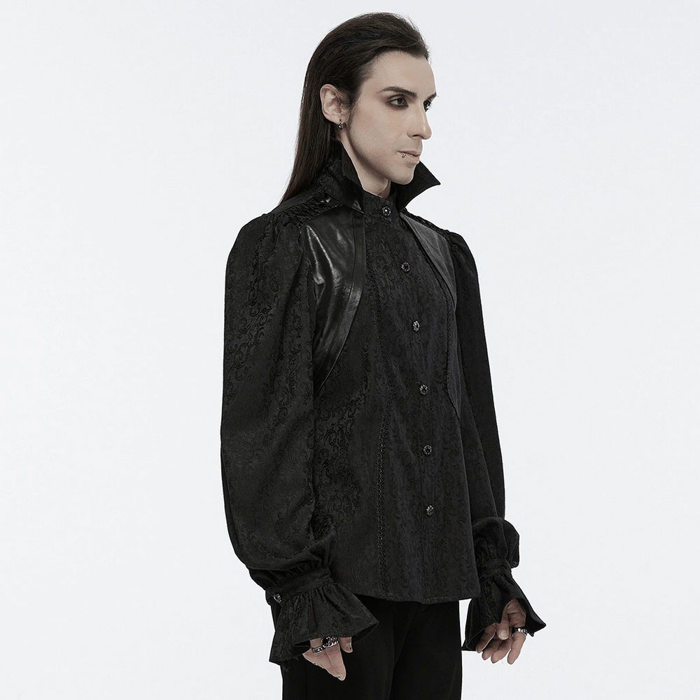 Gothic men's black shirt with stand collar and bubble sleeves, featuring intricate lace trim and glossy woven fabric.