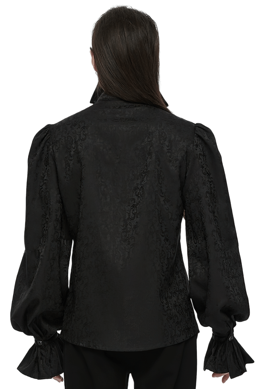 Back view of Gothic men's black shirt with bubble sleeves and lace trim, showcasing elegant design and rich texture.