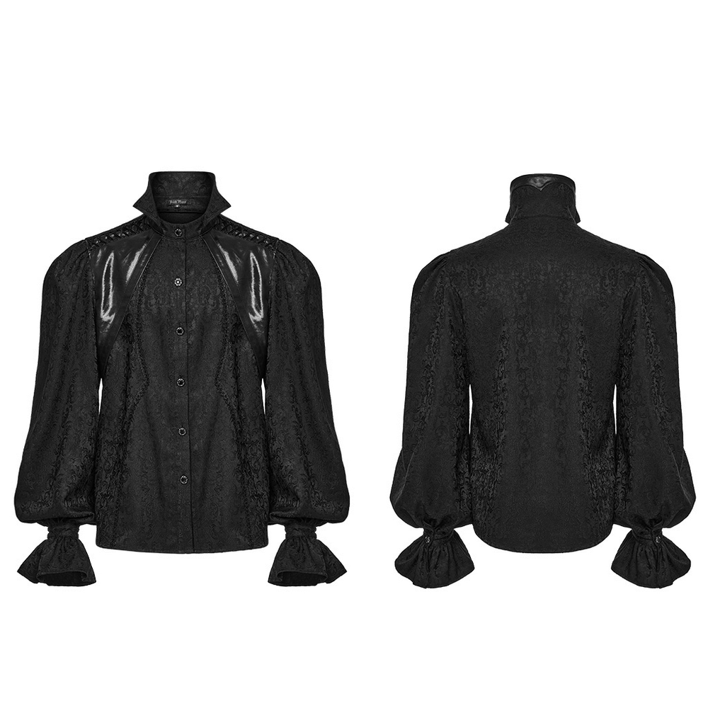 Gothic men's black shirt with stand collar, bubble sleeves, and lace trim, perfect for formal and gothic events.