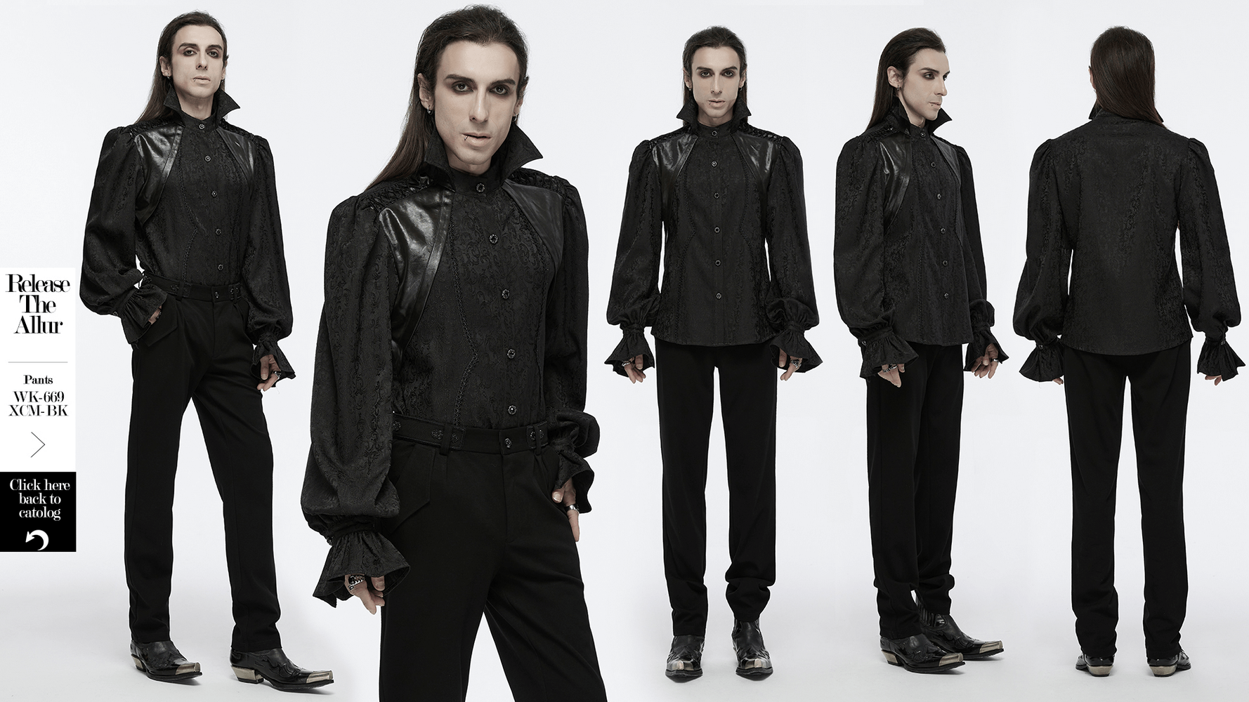 Gothic men's black shirt with stand collar, lace trim, and bubble sleeves, exuding elegance and style. Perfect for formal gothic events.