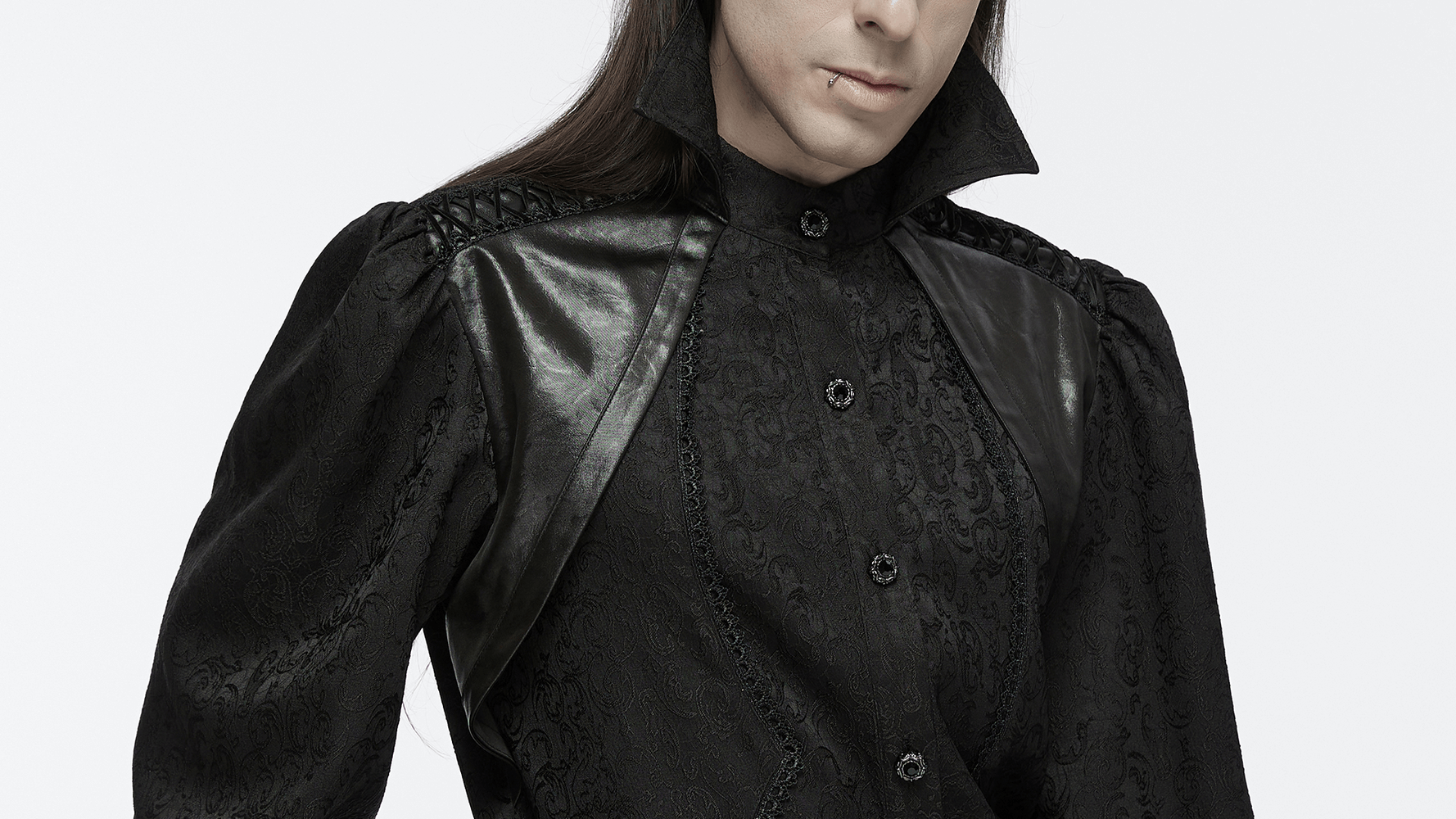 Gothic men's black shirt with stand collar, bubble sleeves, and lace trim, showcasing elegant fabric details.