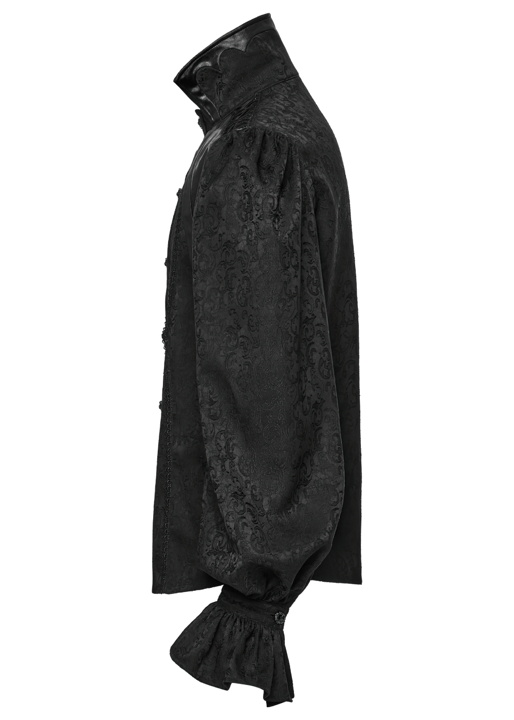 Gothic men's black shirt with stand collar, bubble sleeves, and lace trim, showcasing elegant woven fabric.