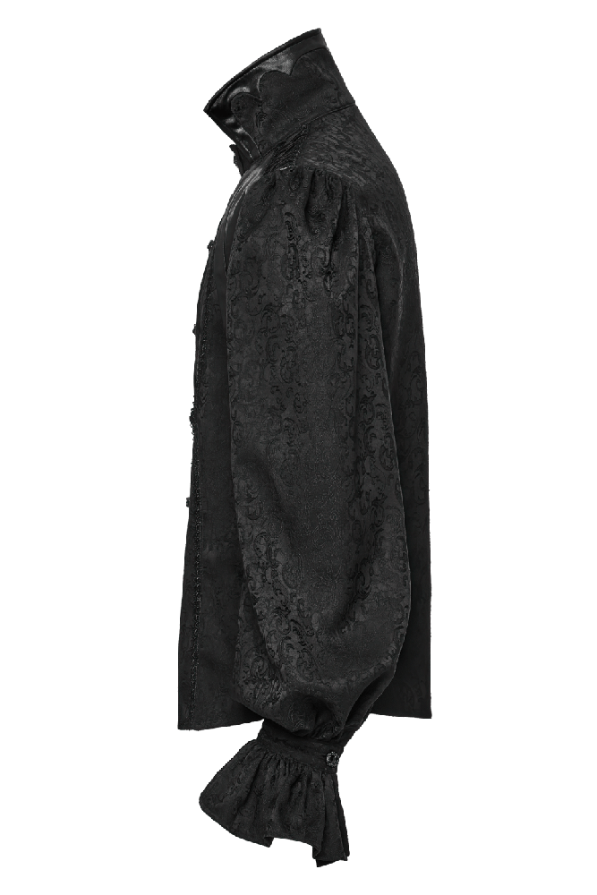 Gothic men's black shirt with stand collar, bubble sleeves, and lace trim, showcasing elegant woven fabric.