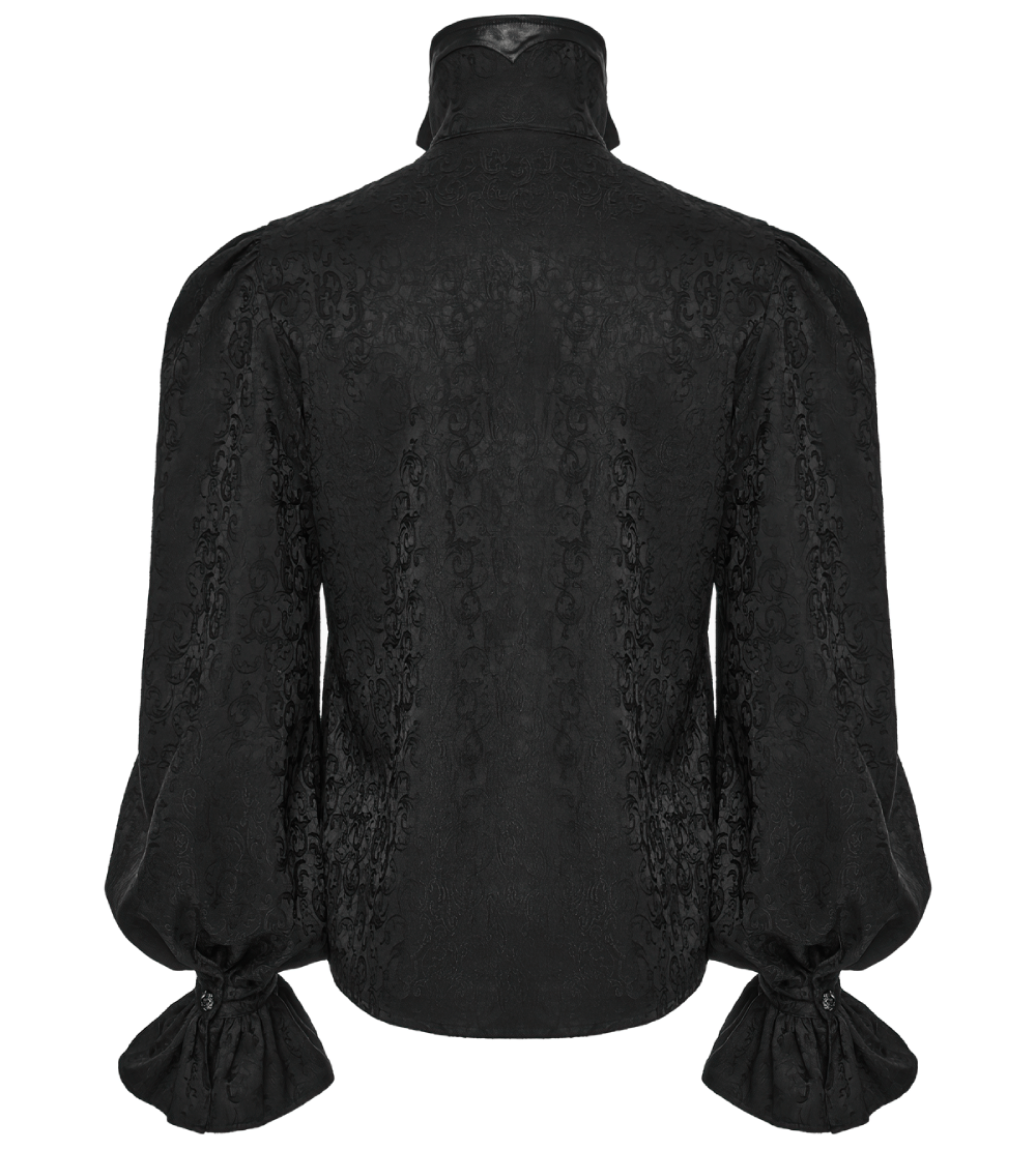 Elegant Gothic men's black shirt with stand collar, bubble sleeves, and intricate lace trim, showcasing a luxurious design.