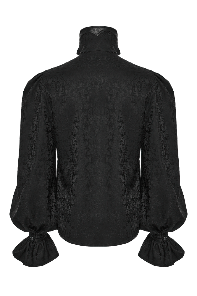 Elegant Gothic men's black shirt with stand collar, bubble sleeves, and intricate lace trim, showcasing a luxurious design.