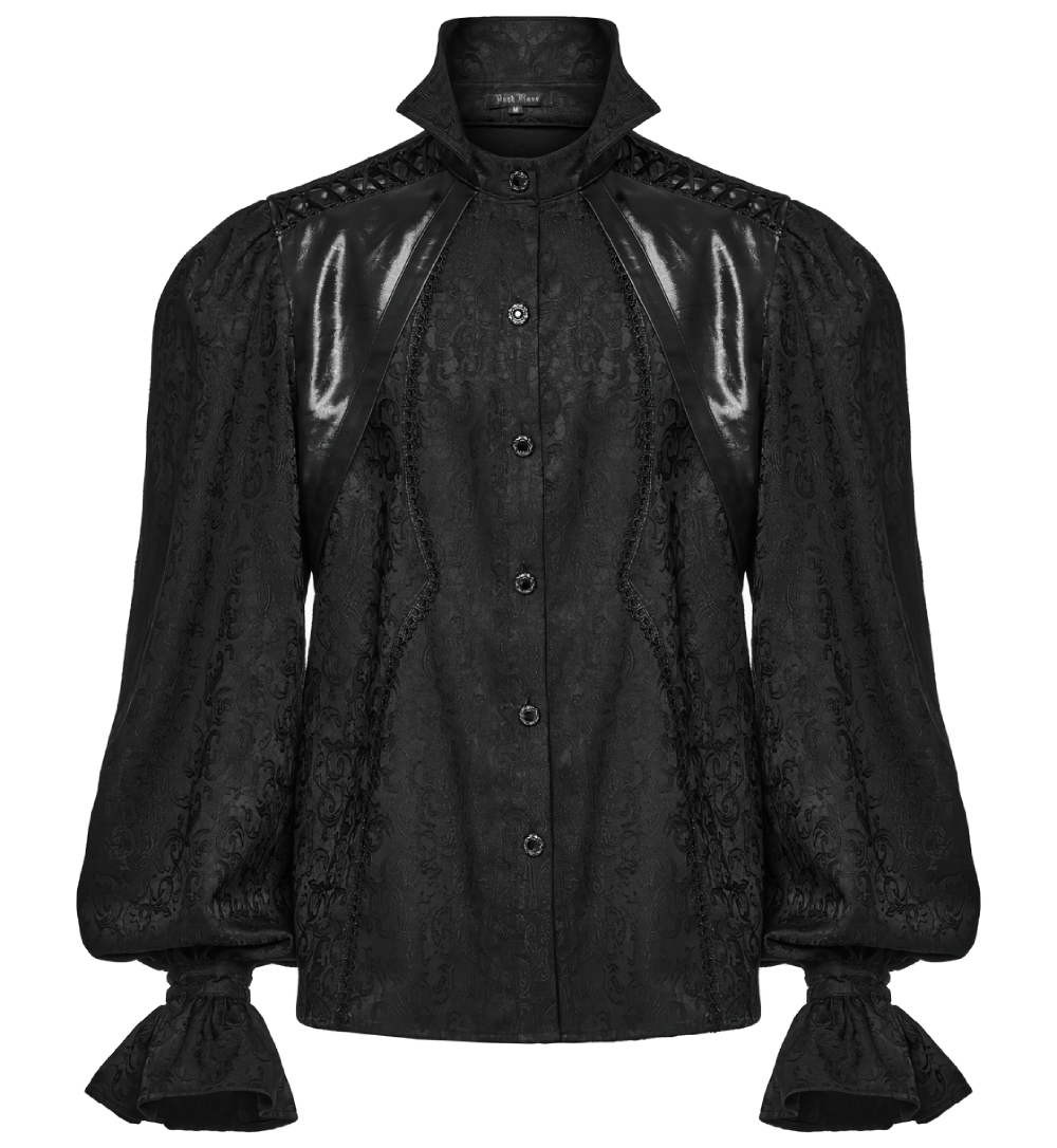 Gothic men's black shirt with stand collar, bubble sleeves, and lace trim, perfect for elegant formal wear.