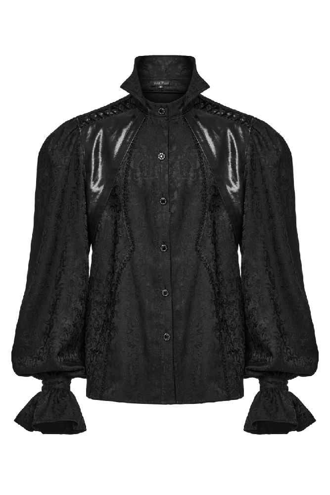 Gothic men's black shirt with stand collar, bubble sleeves, and lace trim, perfect for elegant formal wear.