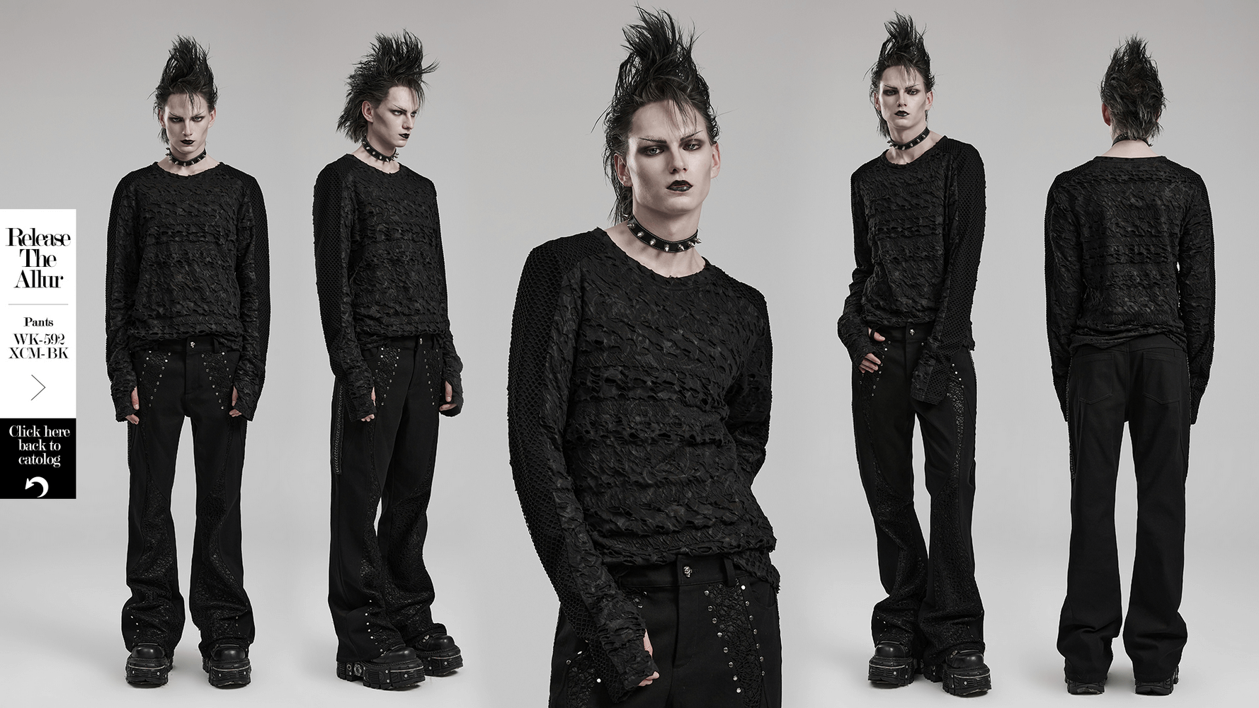 Gothic men's long sleeves black top with floral lace, mesh details, and punk-inspired style.