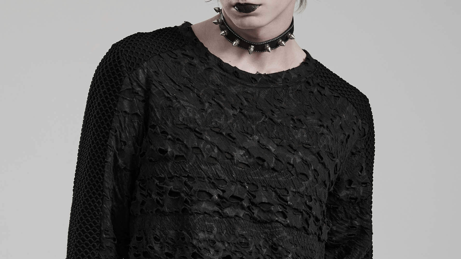 Gothic men's decadent black long sleeves top with mesh and floral lace detailing, perfect for a dark romantic wardrobe.