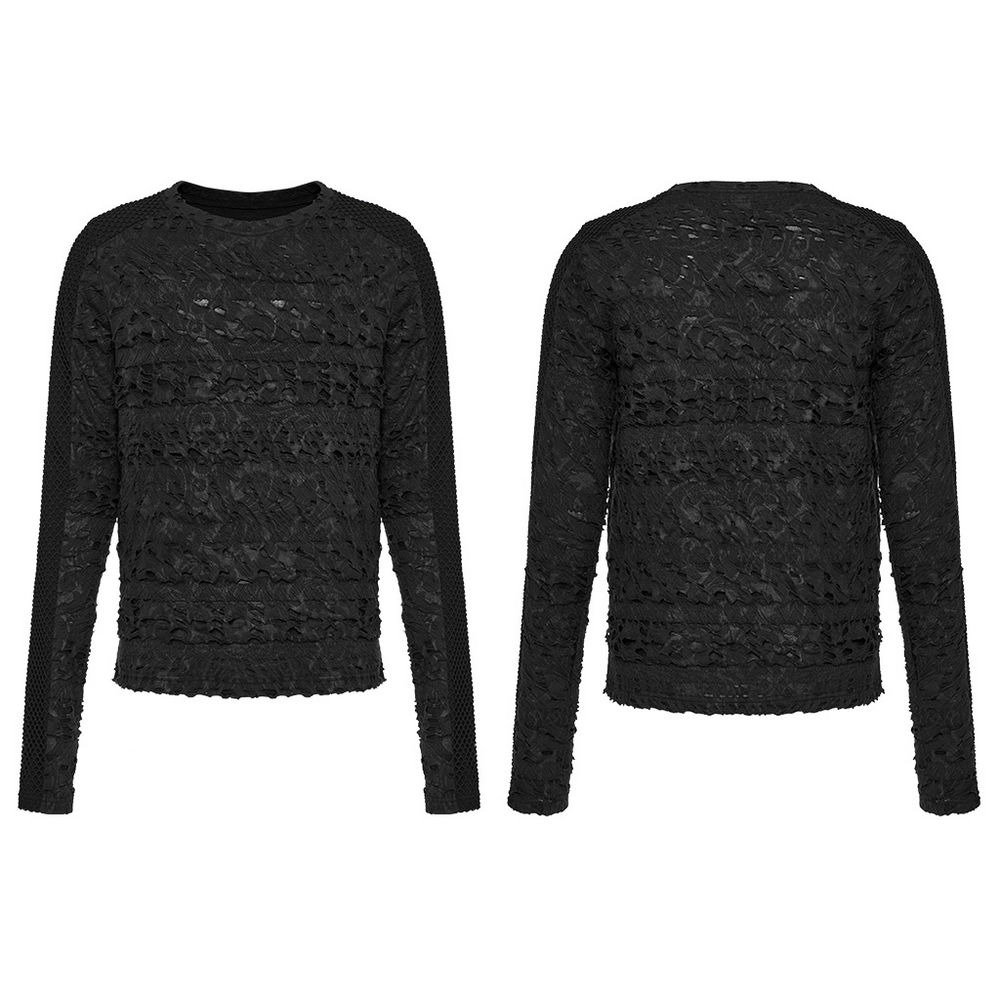 Gothic men's long sleeves black top with floral lace and sheer mesh detailing, perfect for a dark romantic look.
