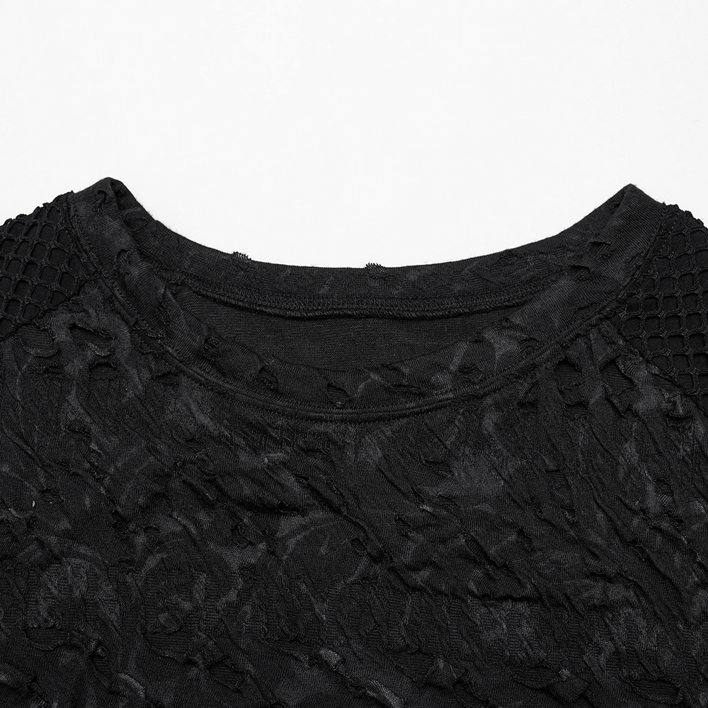 Close-up of Gothic Men's Decadent Long Sleeves Top featuring intricate lace and mesh detailing in black.