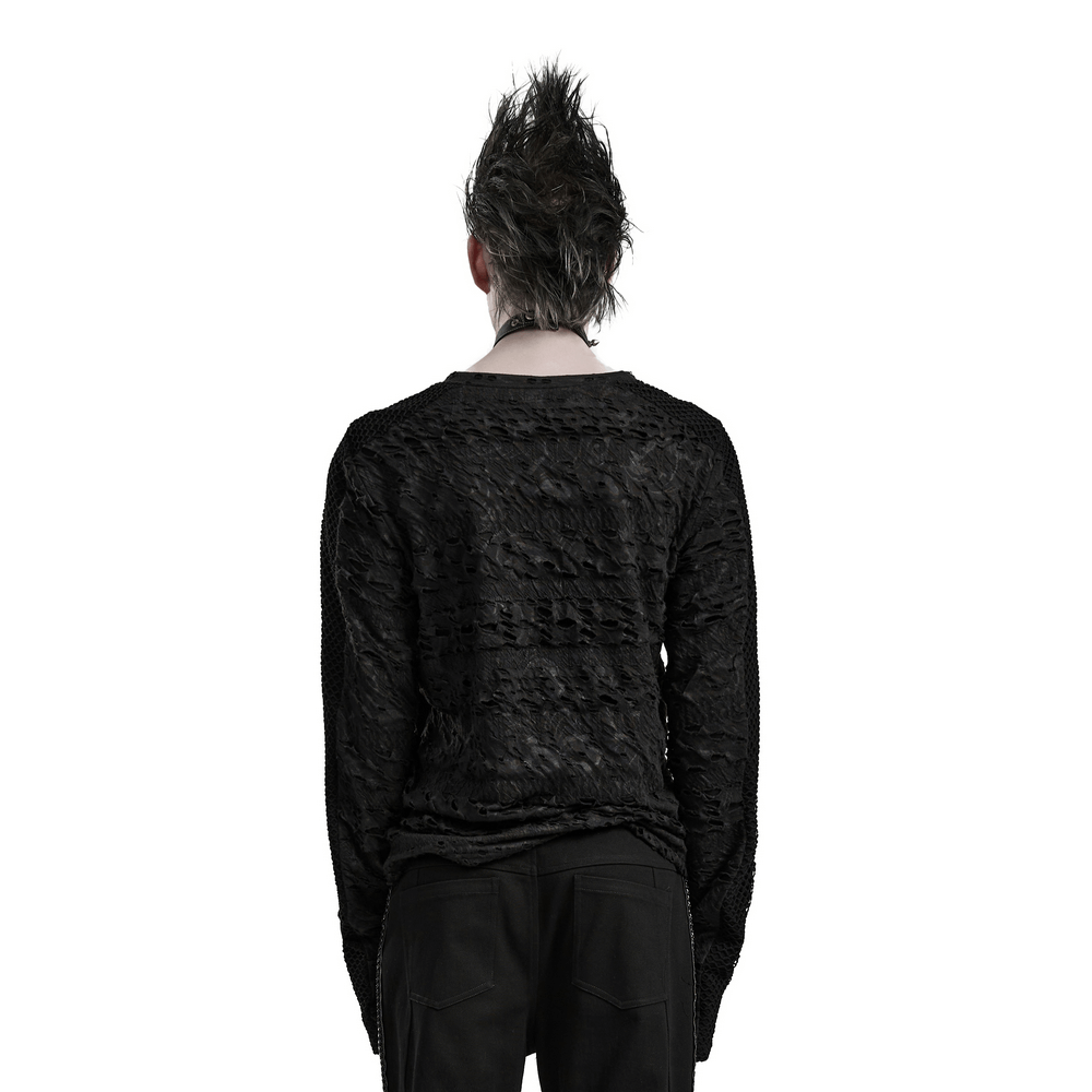 Back view of a Gothic men's long sleeves black top featuring intricate floral lace patterns and a mohawk hairstyle.