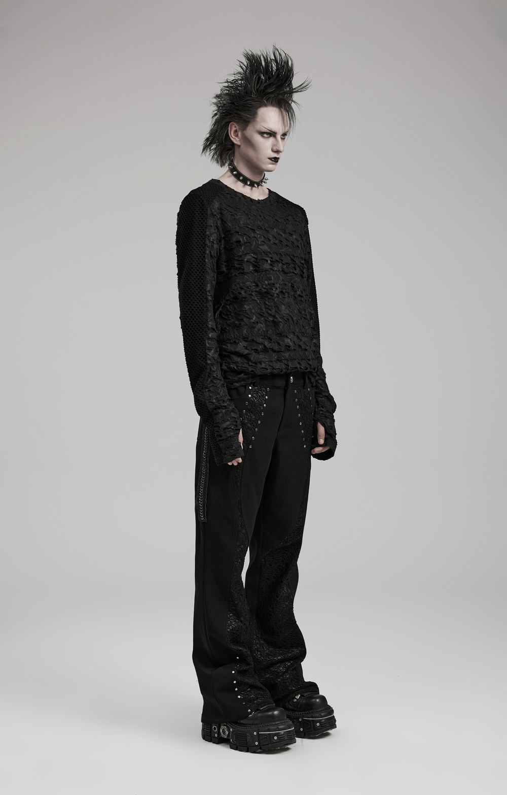 Gothic men's long sleeves top with mesh, featuring black floral lace patterns and edgy style for a dark fashion statement.