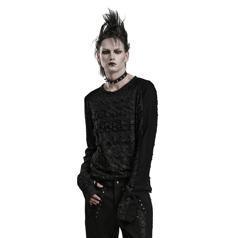 Gothic men's long sleeves black top with intricate texture and edgy style, perfect for dark fashion lovers.