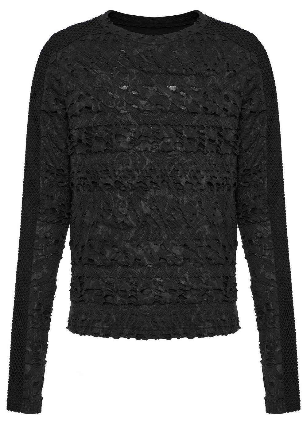 Black Gothic long sleeves top with intricate lace and mesh detailing for a stylish dark romance look.