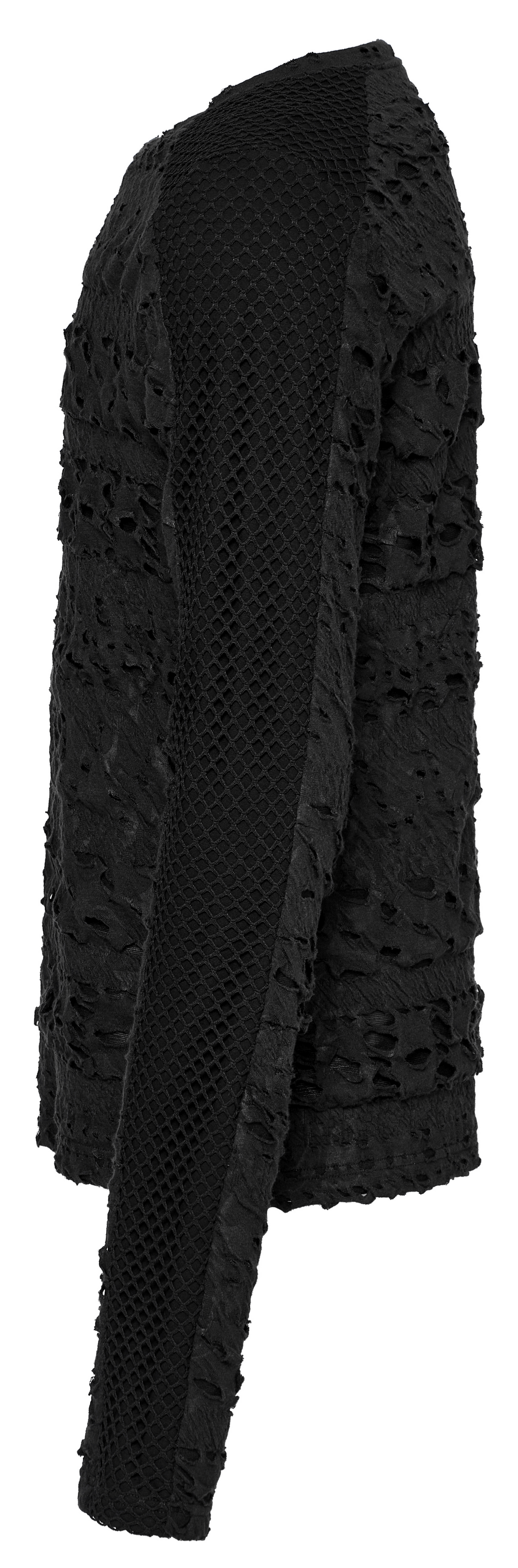 Gothic men's long sleeves black top with unique floral lace and sheer mesh detailing.