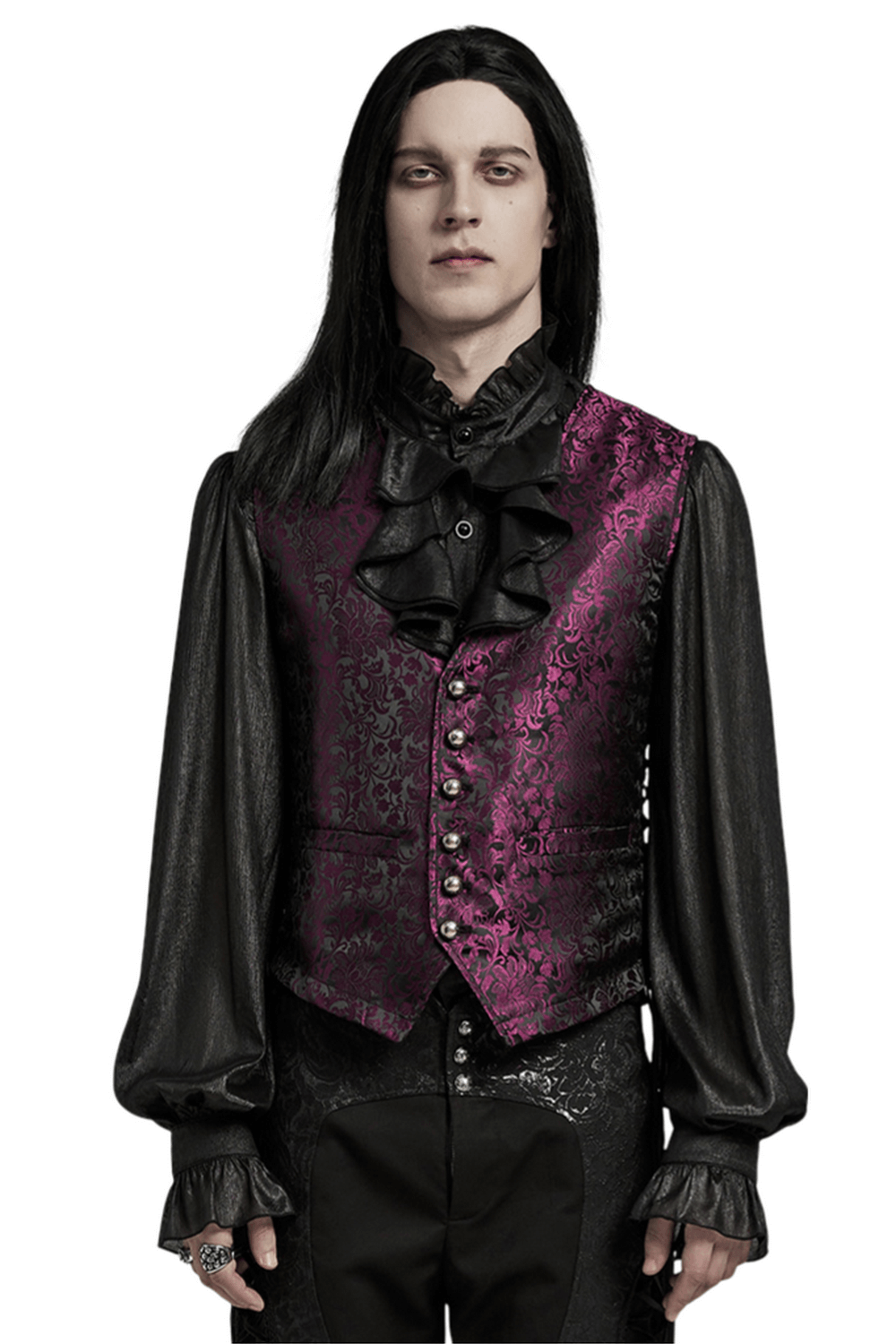Gothic men's purple jacquard waistcoat with floral pattern and ruffled shirt for elegant Victorian style.
