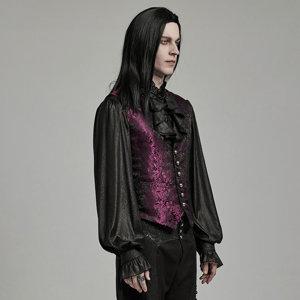 Gothic men's Victorian-style jacquard waistcoat in purple with floral pattern, showcasing elegant gothic fashion.