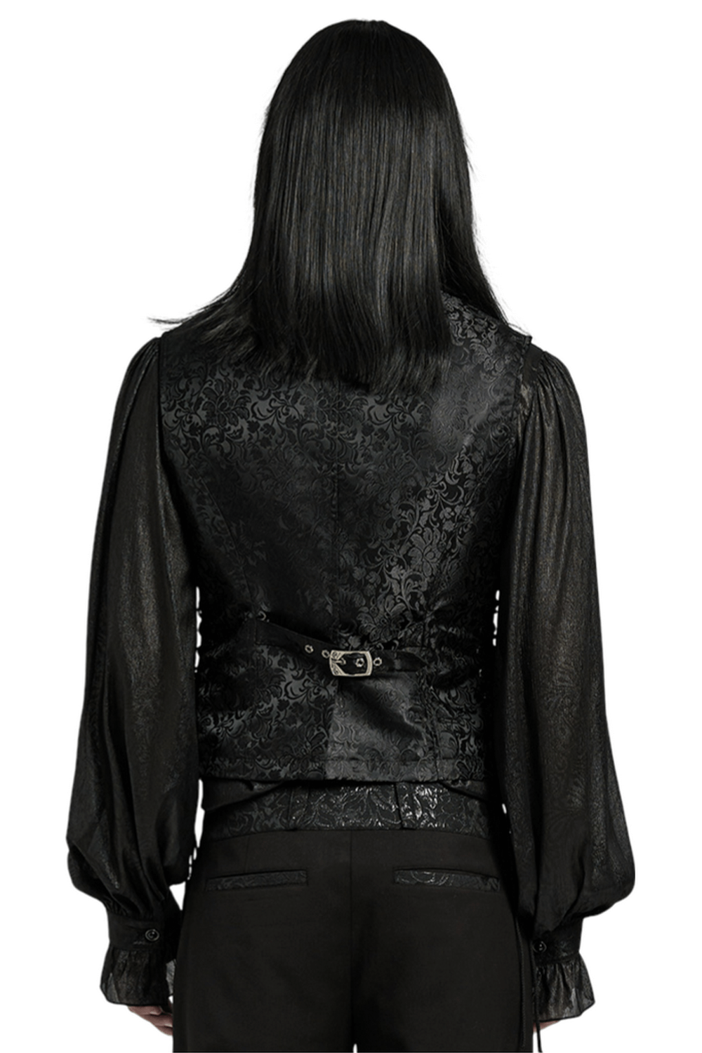 Back view of a gothic men's jacquard waistcoat with intricate floral designs and a fitted silhouette.